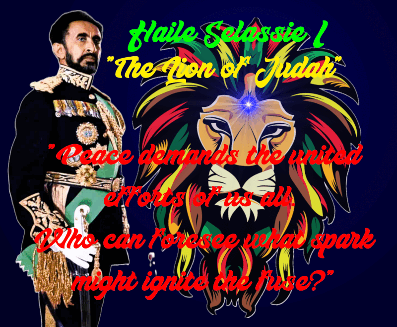 Haile Selassie stands in formal attire delivering a message about leadership and peace. Text reads Leadership is not a position or a title it is action and example. The background is dignified and solemn, conveying wisdom and inspiration.